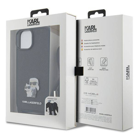Etui Karl Lagerfeld Crossbody Saffiano Metal Pin Karl & Choupette na iPhone 15 Plus - czarne