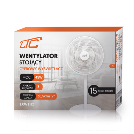 Wentylator stojący WT112 45W 12" cyfrowy wyświetlacz, pilot, oscylacja, biały