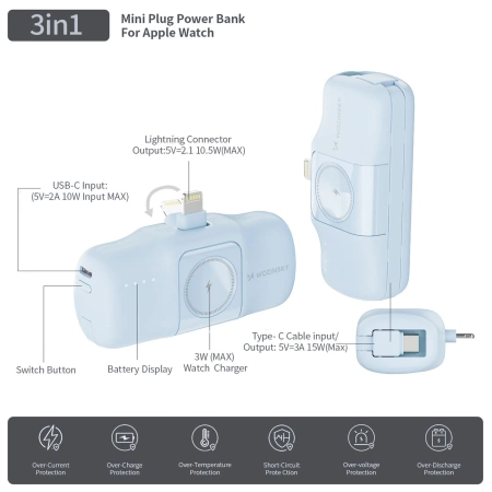 Wozinsky WF16-YLS 5000 mAh 15 W Lightning Mini-Powerbank mit integriertem USB-C-Kabel und Apple Watch Ladegerät – Blau