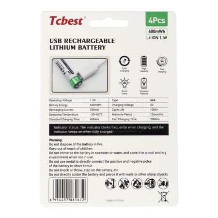 TCBEST bateria akumulatorowa R3 (AAA) 180 mAh z gniazdem Typ C + kabel USB A do 4 x Typ C 4 szt