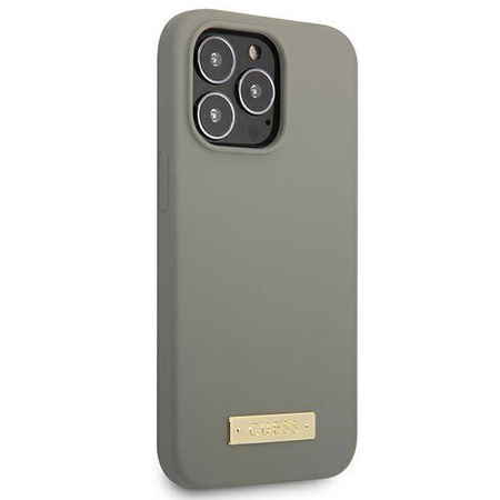 Original Handyhülle IPHONE 13 PRO Guess Hard Case Silicone Logo Plate MagSafe (GUHMP13LSPLG) grau