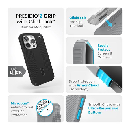 Speck Presidio2 Grip ClickLock & Magsafe - Etui iPhone 15 Pro (Black / Slate Grey / White)