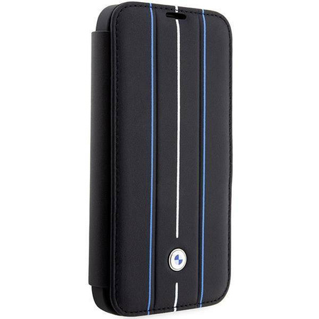 Oryginalne Etui IPHONE 14 PRO BMW Bookcase Leather Stamp Blue Lines (BMBKP14L22RVSK) czarne