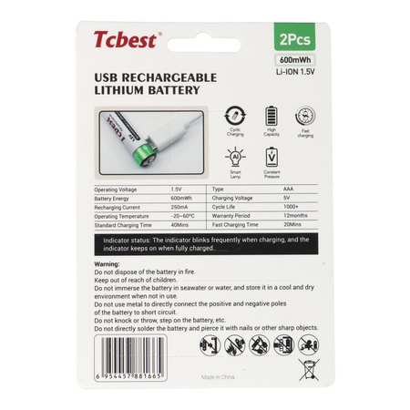 TCBEST bateria akumulatorowa R3 (AAA) 180 mAh z gniazdem Typ C + kabel USB A do 2 x Typ C 2 szt