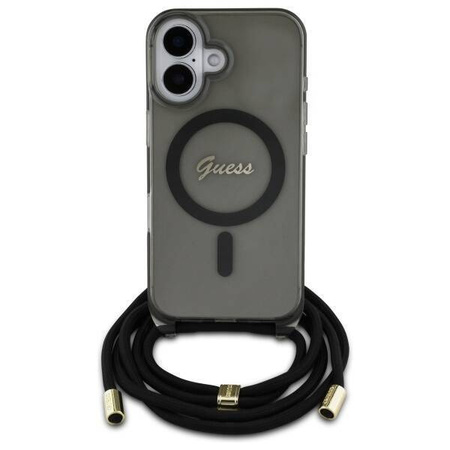 Original Handyhülle IPHONE 16 Guess Hardcase Crossbody Cord Script MagSafe (GUHMP16SHCTSGNSK) schwarz