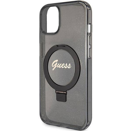 Guess Ring Stand Script Glitter MagSafe-Hülle für iPhone 15 – Schwarz