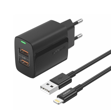 FONENG Netz-Ladegerät EU63 2.4A 12W 2xUSB + Kabel Lightning schwarz