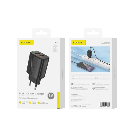 FONENG Netz-Ladegerät EU63 2.4A 12W 2xUSB schwarz