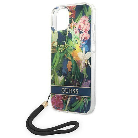 Original Handyhülle IPHONE 14 Guess Hardcase Flower Strap (GUOHCP14SHFLSB) blau
