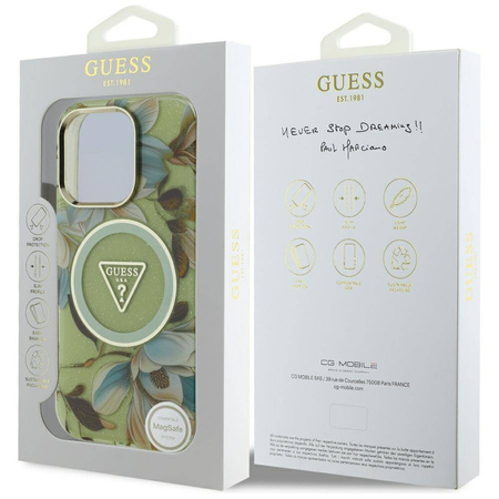 Schutzhülle IPHONE 16 PRO Guess Glitter Flowers Triangle Buttons MagSafe grün