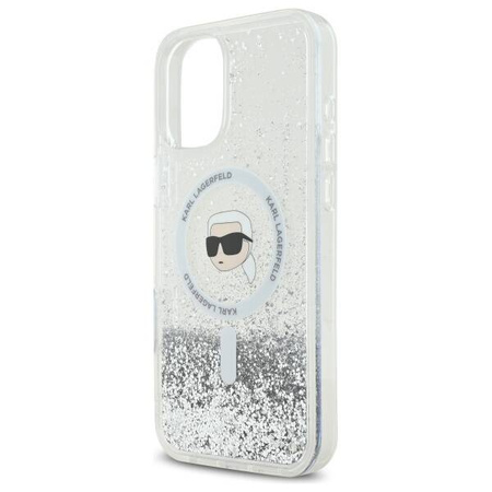 Original Handyhülle IPHONE 16 Karl Lagerfeld Hardcase Liquid Glitter Karl Head MagSafe (KLHMP16SLGKISGH) transparent