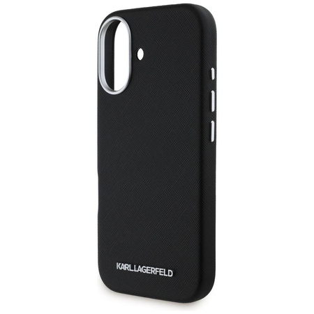 Original Handyhülle IPHONE 16 Karl Lagerfeld Saffiano Full Wrapped Elongated Metal Logo MagSafe schwarz