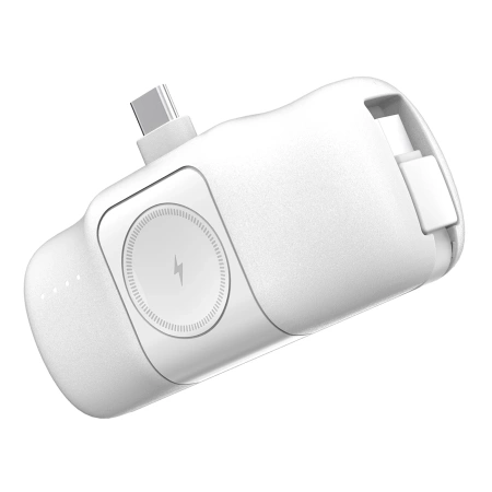Wozinsky WF16-YCS 5000mAh 15W USB-C Mini Power Bank with Built-in USB-C Cable and Apple Watch Charger - White