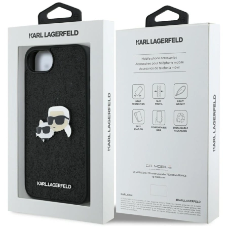 Karl Lagerfeld Fixed Glitter Karl&amp;Choupette Heads Metal Pin iPhone 16e Case - Black