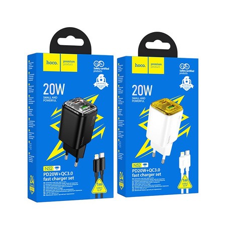 Ładowarka sieciowa do telefonu Hoco USB A + USB C QC3.0 PD 3A 20W + kabel USB C do Lightning N52 biała
