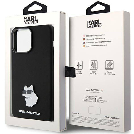 Karl Lagerfeld Choupette Metal Pin-Hülle aus Silikon für iPhone 15 Pro Max – Schwarz