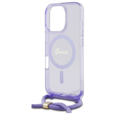 Original Handyhülle IPHONE 16 PRO MAX Guess Hardcase Crossbody Cord Script MagSafe (GUHMP16XHCTSGNSU) violett