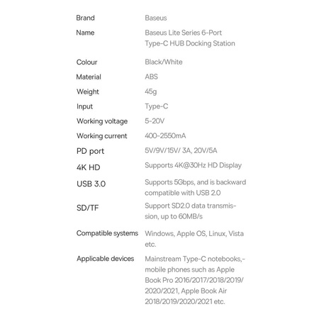 Baseus Lite Series wielofunkcyjny HUB USB Typ C - 2 x USB 3.0 / USB Typ C PD / HDMI 1,4 / SD/TF czarny (WKQX050101)
