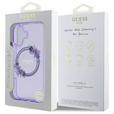 Oryginalne Etui IPHONE 16 Guess Hardcase IML Flowers Wreath MagSafe (GUHMP16SHFWFCU) fioletowe