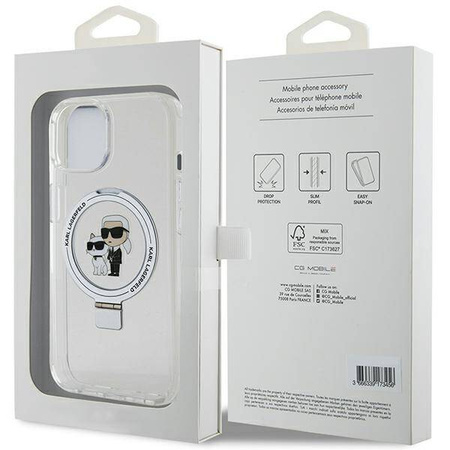 Oryginalne Etui IPHONE 15 PLUS / 14 PLUS Karl Lagerfeld Hardcase Ring Stand Karl&Choupettte MagSafe białe