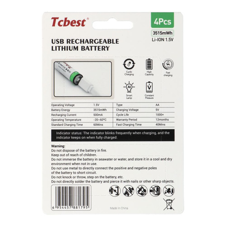 TCBEST bateria akumulatorowa R6 (AA) 950 mAh z gniazdem Typ C + kabel USB A do 4 x Typ C 4 szt
