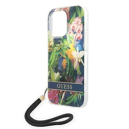 Original Handyhülle IPHONE 14 PRO MAX Guess Hardcase Flower Strap (GUOHCP14XHFLSB) blau