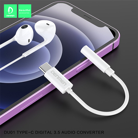 DENMEN ADAPTER HF TYP-C DO JACK 3.5 CALA BIAŁY AUDIO JACK DU01