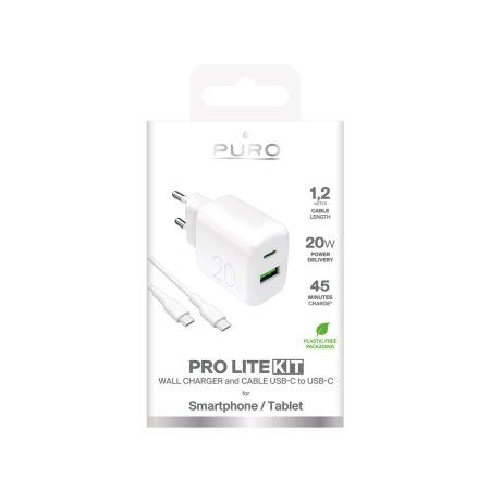 Ładowarka sieciowa Puro PROLITE 20W USB-A / USB-C + kabel USB-C - USB-C 1.2m - biała