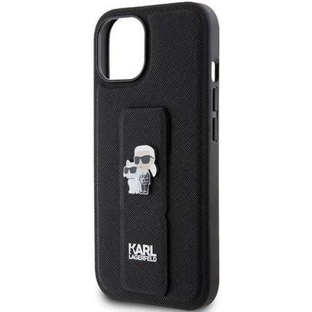 Karl Lagerfeld Gripstand Saffiano Karl&amp;Choupette Pins Hülle für iPhone 15 Plus / 14 Plus – Schwarz