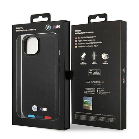 Original Handyhülle IPHONE 14 BMW Leather Stamp Tricolor MagSafe (BMHMP14S22PTDK) schwarz