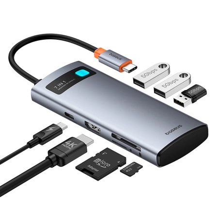 Hub USB-C Baseus Metal Gleam 7w1 HDMI 4K 60Hz / 3x USB 3.0 / USB-C PD / SD / microSD – szary