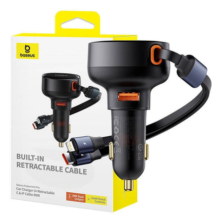 Baseus Enjoyment USB-A-Autoladegerät mit USB-C/ Lightning -60-W-Kabel – Schwarz