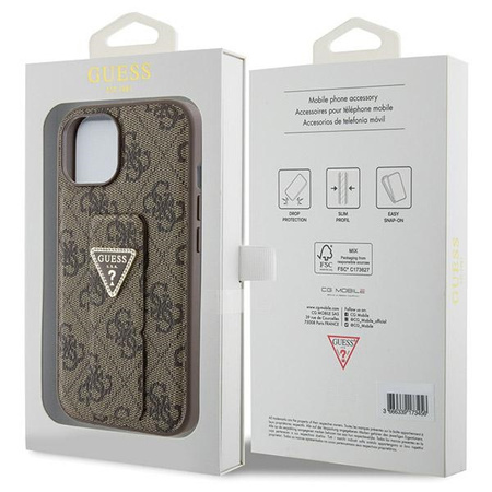 Guess Grip Stand 4G Triangle Strass Hülle für iPhone 15 – braun
