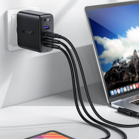 Acefast Schnellladegerät GaN 3xUSB-C/1xUSB-A 100W schwarz + abgewinkeltes Kabel USB-C - USB-C 100W 2m schwarz