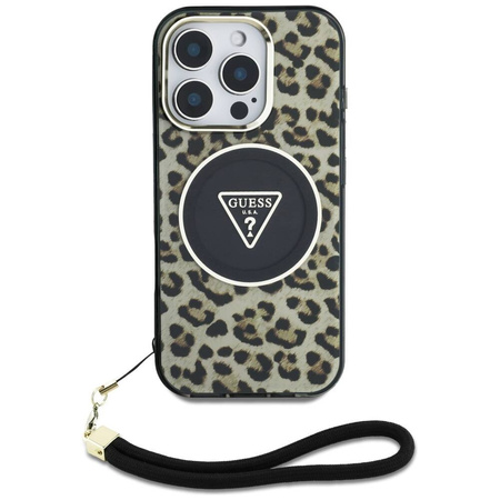 Original Case IPHONE 16 PRO Guess HC IML Leopard Triangle Cord Strap brown