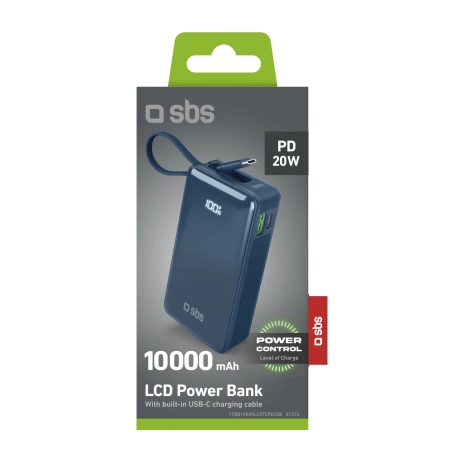 Powerbank SBS 10000 mAh 20W mit integriertem USB-C-Kabel und Digitalanzeige - dunkelgrau