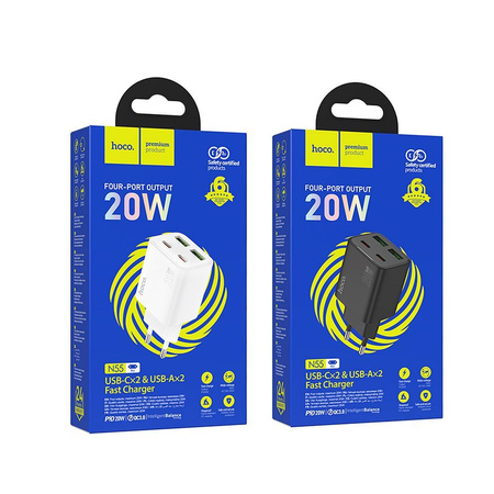 Ładowarka sieciowa do telefonu Hoco 2 x USB C + 2 x USB A QC3.0 PD 3A 20W N55 czarna
