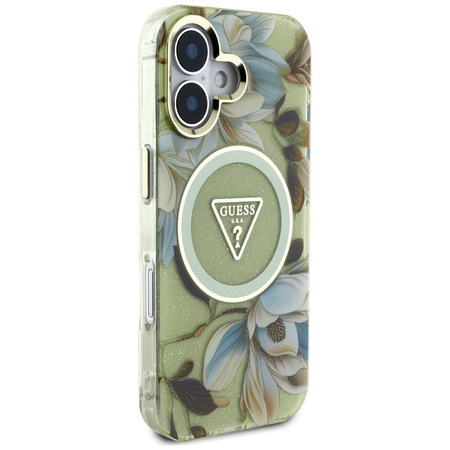 Etui IPHONE 16 Guess Glitter Flowers Triangle Buttons MagSafe zielone