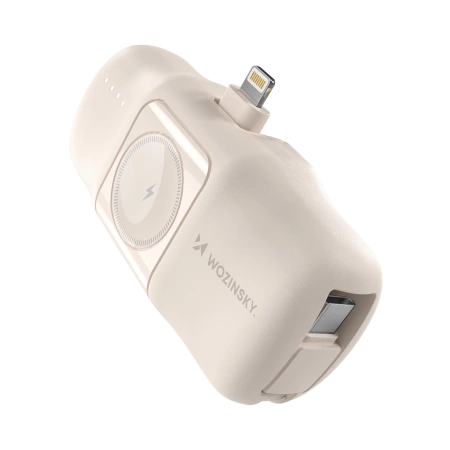 Wozinsky WF16-YLS 5000 mAh 15 W Lightning Mini-Powerbank mit integriertem USB-C-Kabel und Apple Watch Ladegerät – Beige