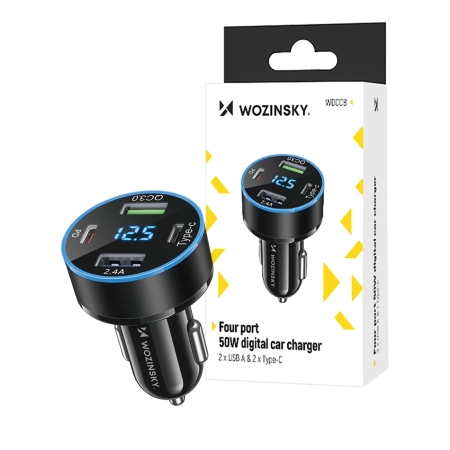 Ładowarka samochodowa Wozinsky WDCCB z wyświetlaczem 50W 2xUSB-C / 2xUSB-A - czarna