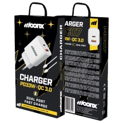 MOONX wall charger MC07 PD 33W 1xUSB-C + 1xUSB QC3.0 + cable USB-C - USB-C White