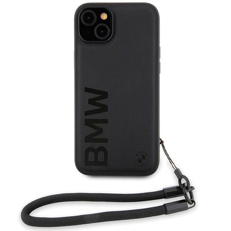 BMW Signature Leder-Wordmark-Cord-Hülle für iPhone 15 Plus / 14 Plus – Schwarz