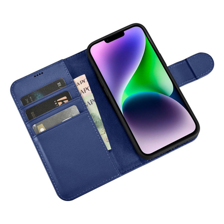 iCarer Wallet Case 2in1 etui iPhone 14 skórzany pokrowiec z klapką Anti-RFID niebieski (WMI14220725-BU)