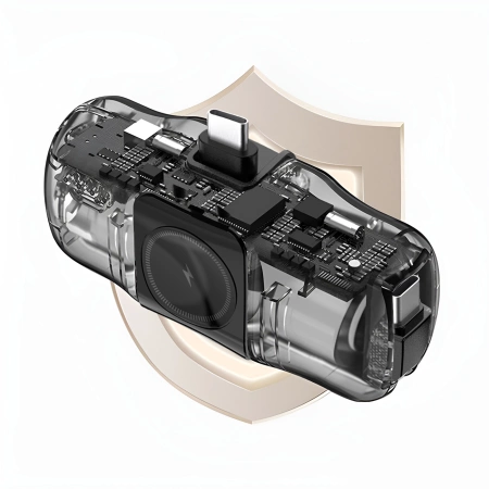 Mini powerbank Wozinsky WF16-YCS 5000mAh 15W USB-C z wbudowanym kablem USB-C i ładowarką do Apple Watch - czarny