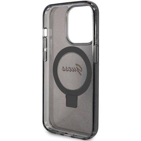 Guess Ring Stand Script Glitter MagSafe-Hülle für iPhone 15 Pro Max – Schwarz