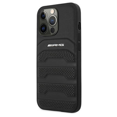 AMG nakładka do iPhone 13 6,1" AMHCP13LGSEBK czarna HC Leather Debossed Lines White Logo