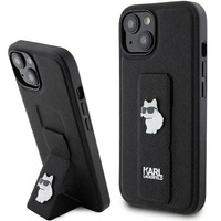 Karl Lagerfeld Gripstand Saffiano Choupette Pins Hülle für iPhone 15 Plus / 14 Plus – Schwarz