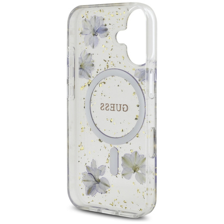 Original Case IPHONE 16 Guess Hardcase Resin Flowers Glitter MagSafe purple