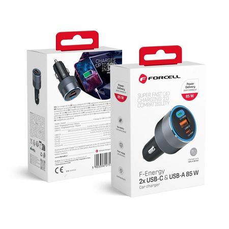 FORCELL F-ENERGY Alu - ładowarka samochodowa 85W PD+QC4.0+SAM SFC 2.0, 2xUSB C+USB A