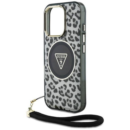 Oryginalne Etui IPHONE 16 PRO Guess HC IML Leopard Triangle Cord Strap czarne